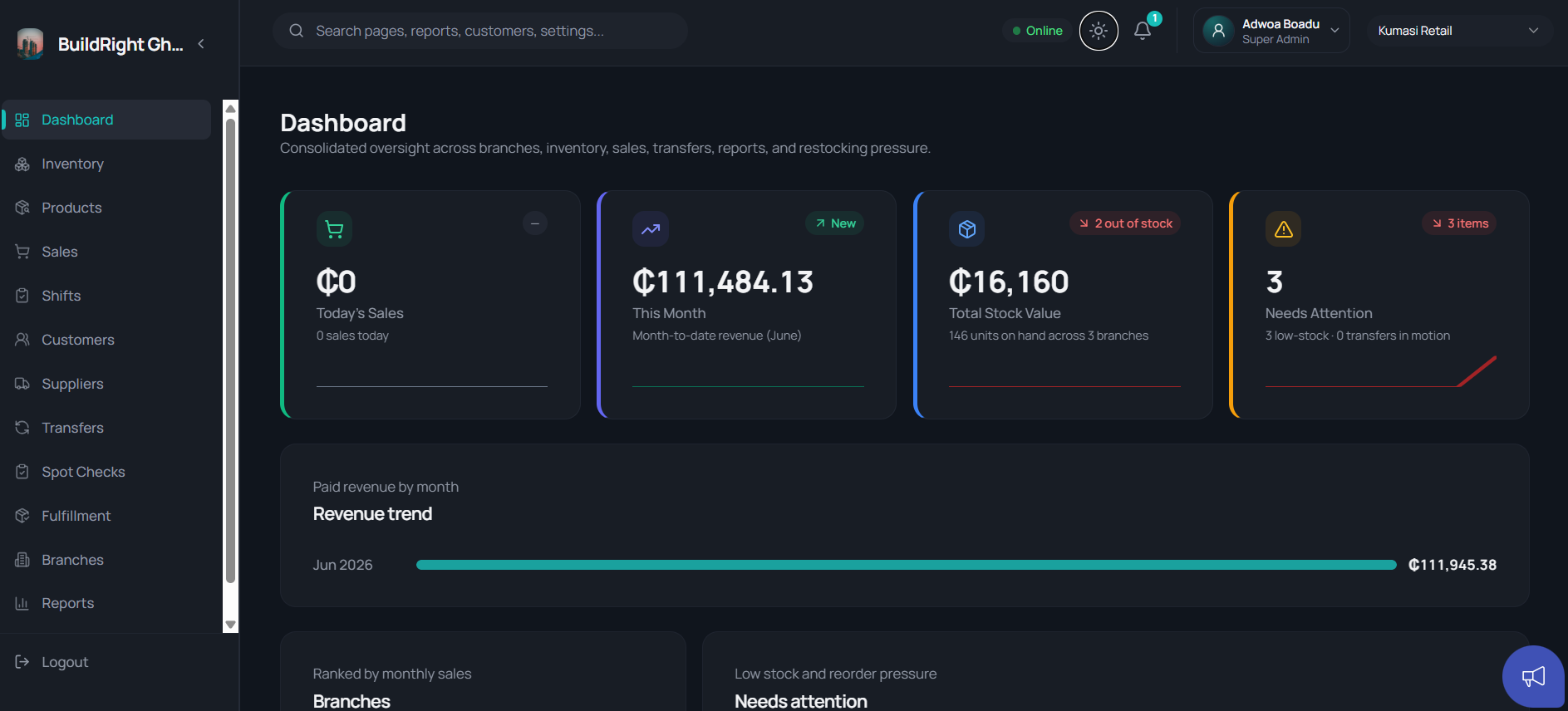 Nexstock dashboard — sales, stock value and branch performance in one view