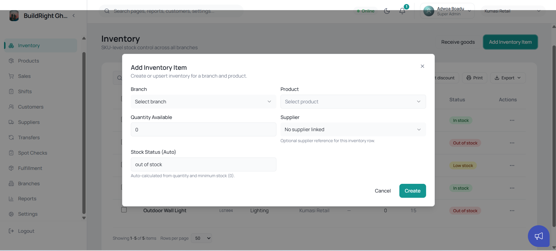 Nexstock inventory — live stock levels and status across branches