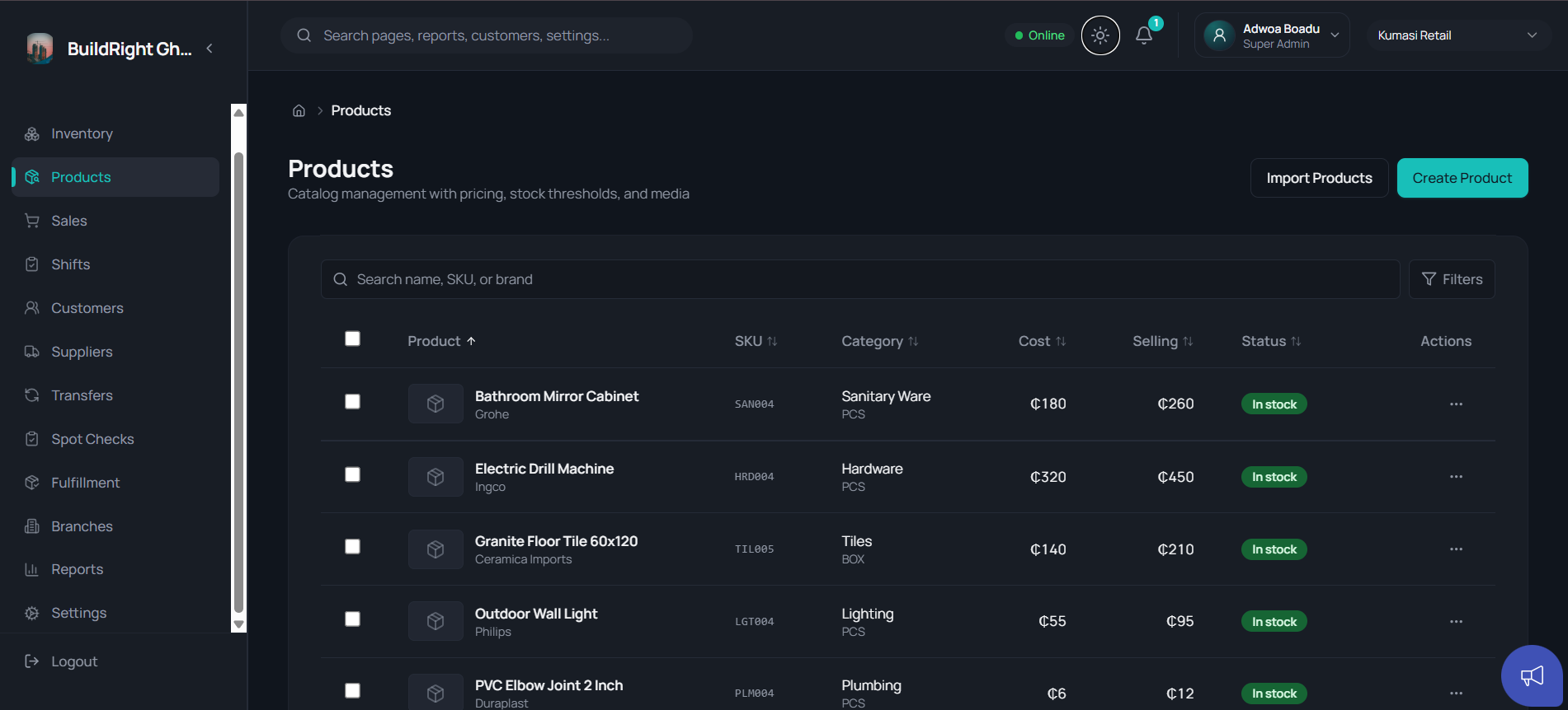 Nexstock product catalog — SKU, category, cost, selling price and stock status