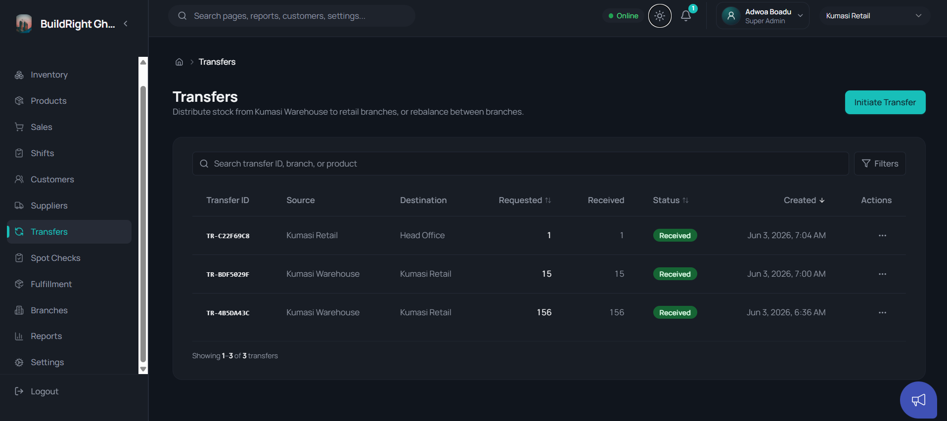 Nexstock transfers — request to received between locations