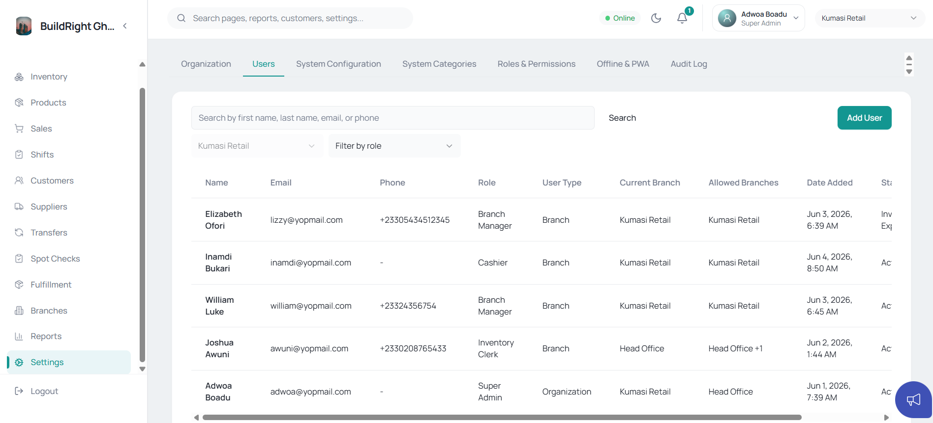 Nexstock users and roles — staff, manager and owner access by branch